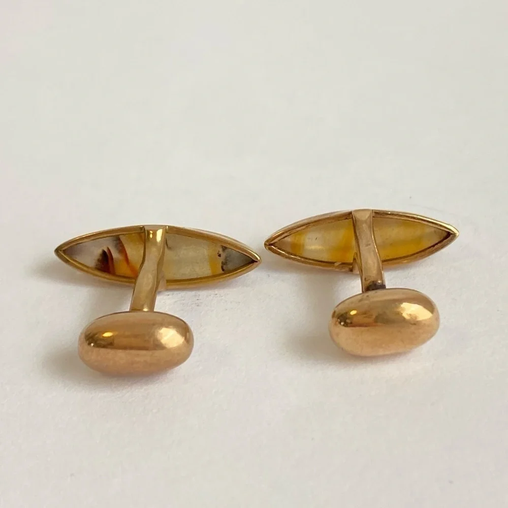 Art Deco 10K Gold Agate Cufflinks Marquis Cut‎ Mens Antique Vintage 40s 50s